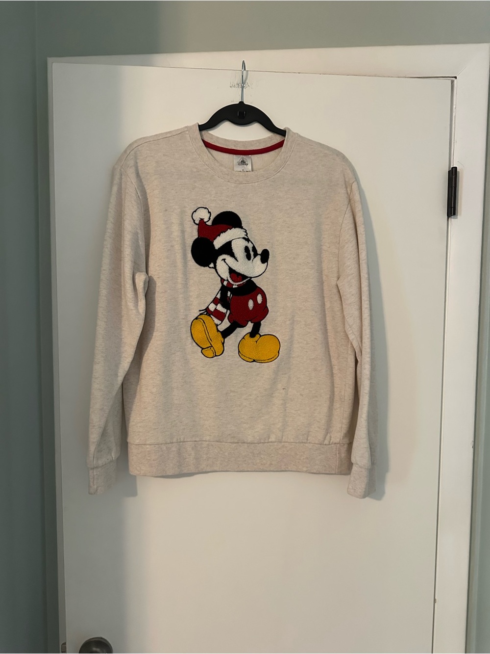 Disney Beige Crewneck Sweater with Mickey Holiday Graphic